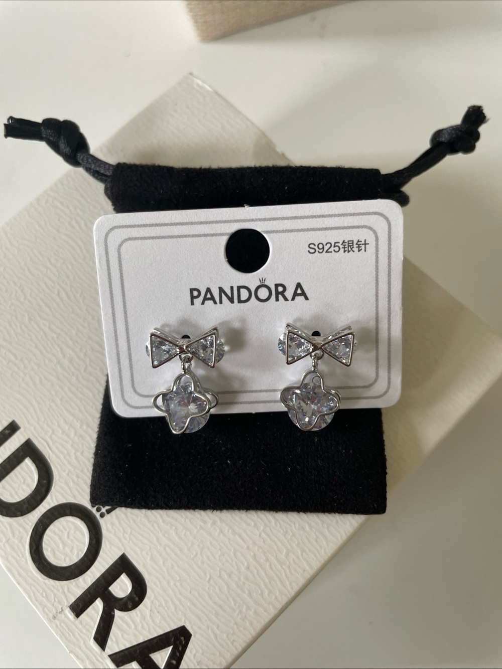 Pandora Silver Clear Crystal Bow Drop Earrings